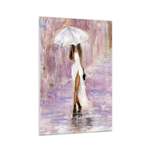 Impression sur verre - Image sur verre - Une femme avec un parapluie marchant sous la pluie dans des tons lilas - 70x100cm - Sous la pluie lilas - Décoration murale moderne pour le salon et la chambre ARTTOR