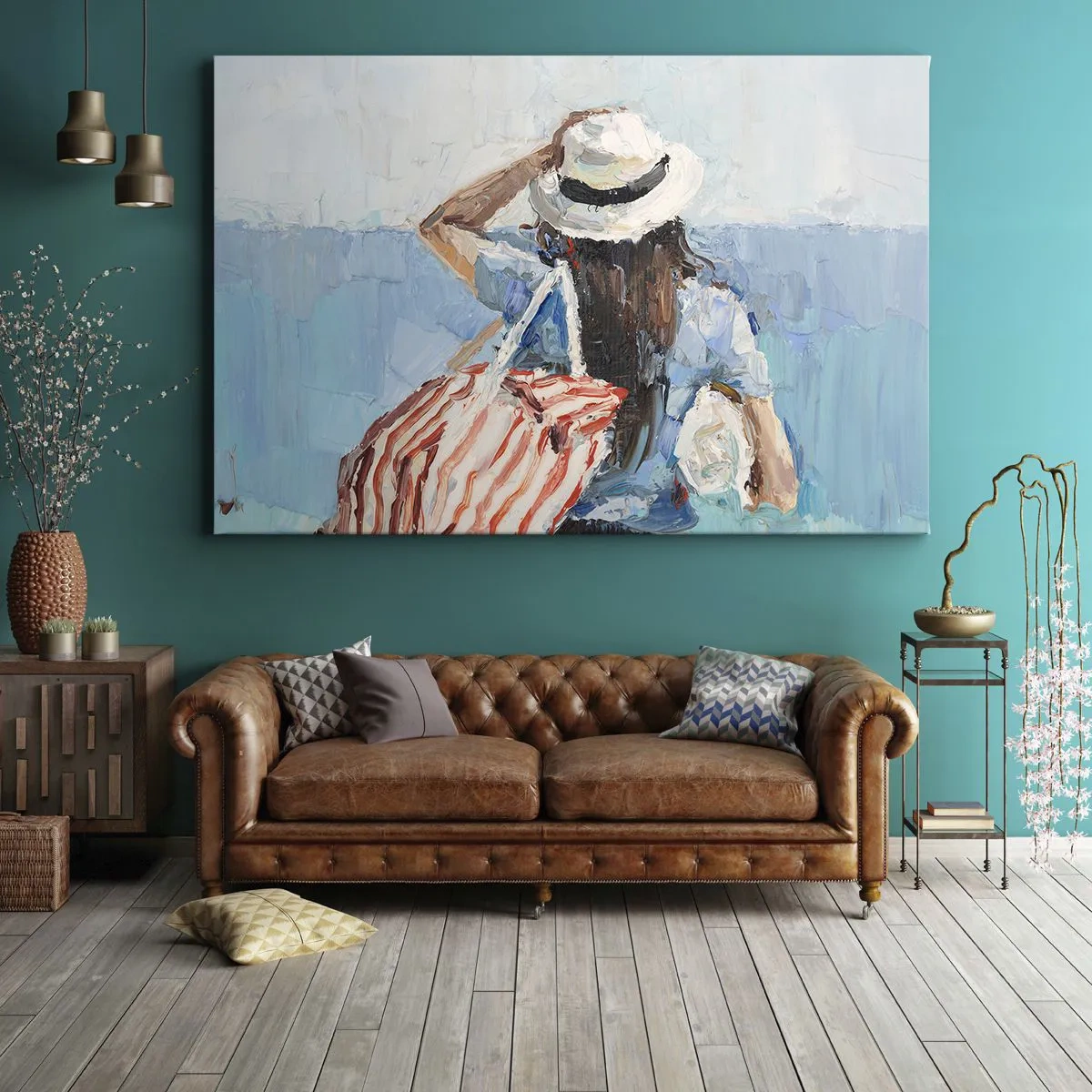 Impression sur toile - Image sur toile - Une femme avec un chapeau contre la mer bleue - 100x70cm - Bienvenue à vos vacances - Décoration murale moderne pour le salon et la chambre ARTTOR
