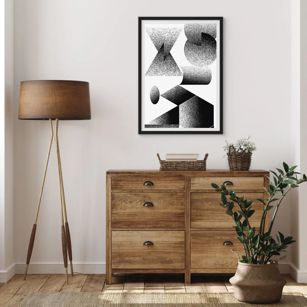 Affiche dans un cadre noir - Poster - Composition abstraite de formes géométriques en noir et blanc - 50x70cm - Angles et ovales - Décoration murale moderne pour le salon et la chambre ARTTOR