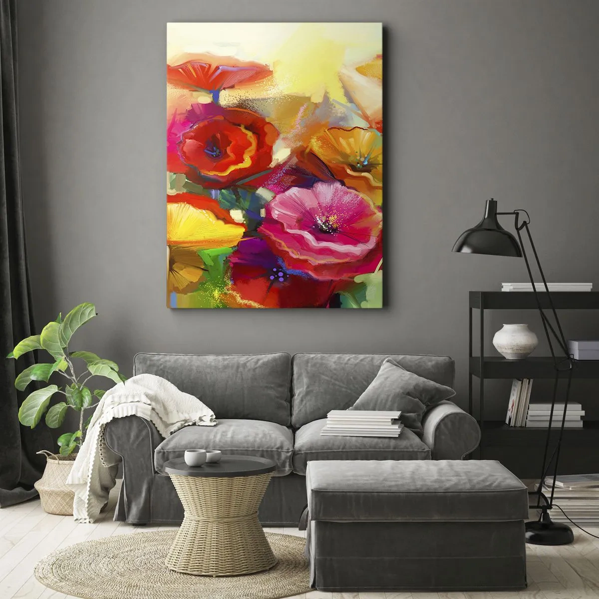 Impression sur toile - Image sur toile - Fleurs abstraites colorées sur fond clair - 50x70cm - Pas seulement rouge - Décoration murale moderne pour le salon et la chambre ARTTOR