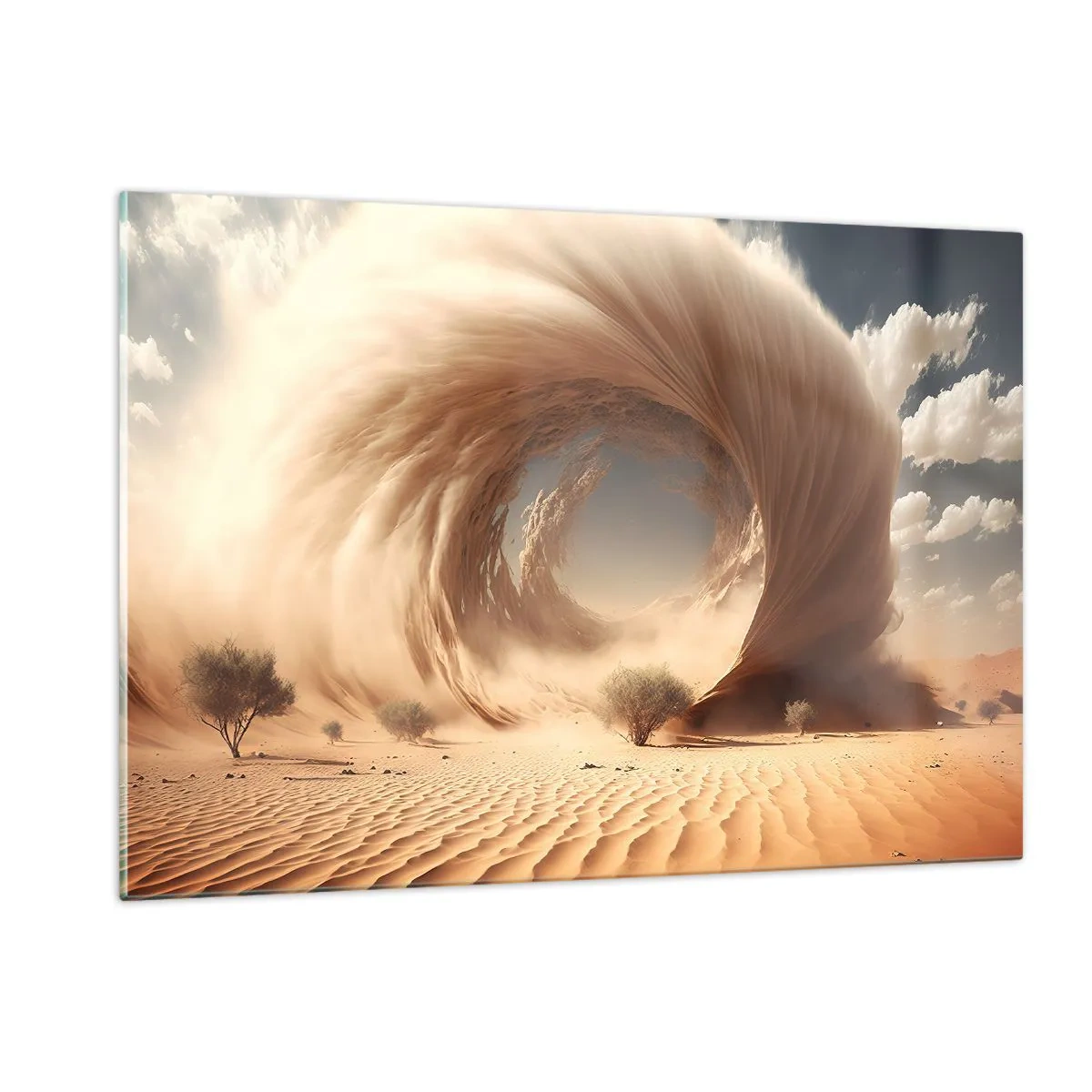 Impression sur verre - Image sur verre - Un vortex de sable du désert crée un portail depuis le ciel et les dunes. - 120x80cm - Portail ouvert - Décoration murale moderne pour le salon et la chambre ARTTOR
