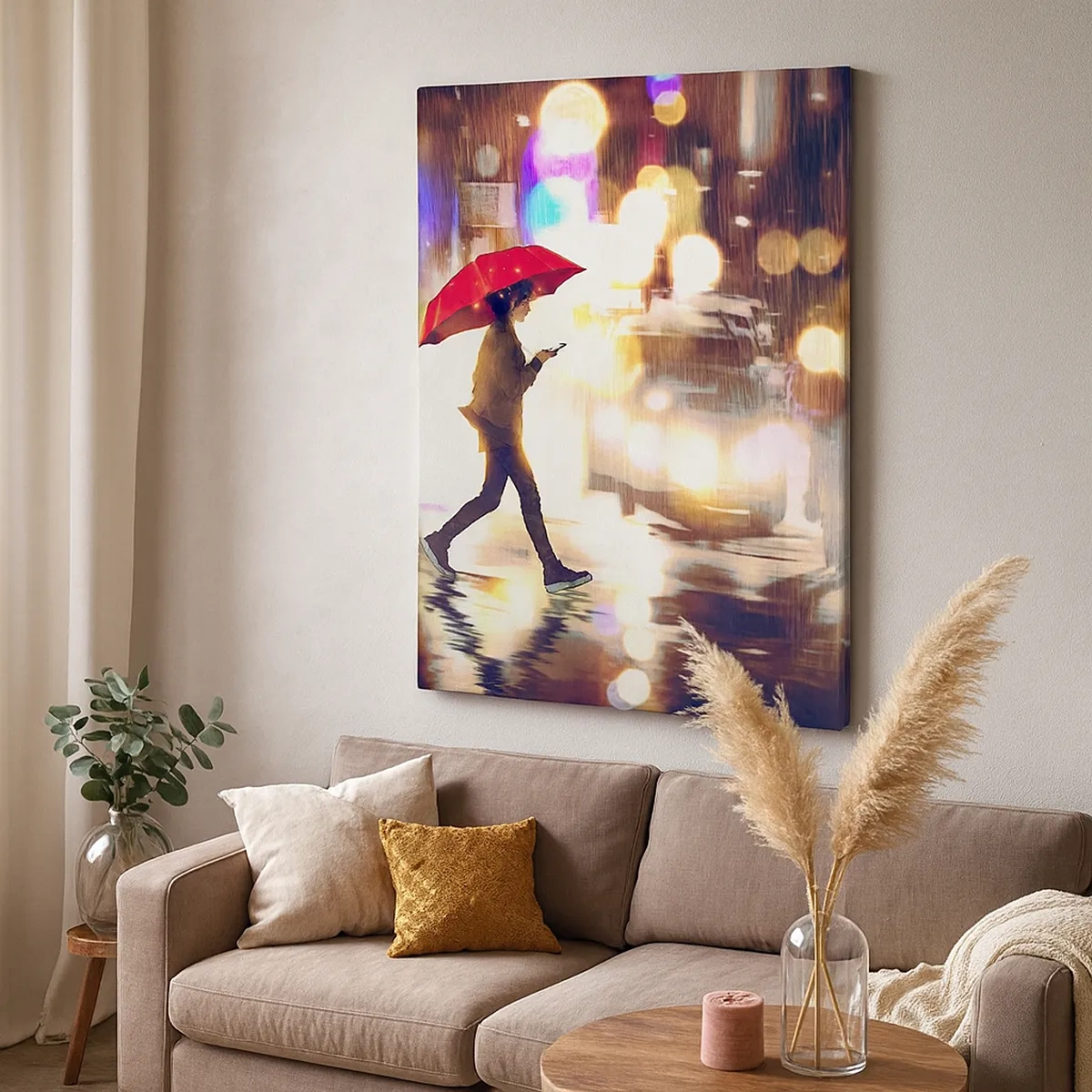 Impression sur toile - Image sur toile - Une silhouette avec un parapluie rouge dans la rue sous la pluie - 50x70cm - Et pourtant ensoleillé - Décoration murale moderne pour le salon et la chambre ARTTOR