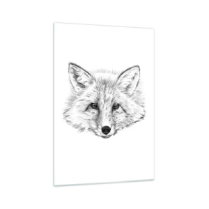 Impression sur verre - Image sur verre - Dessin en noir et blanc d'une tête de renard sur fond blanc - 70x100cm - Ces yeux peuvent-ils mentir ? - Décoration murale moderne pour le salon et la chambre ARTTOR