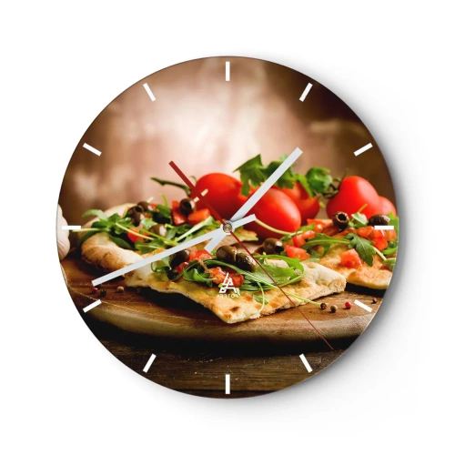 Horloge murale - Pendule murale - Pizza à la roquette, aux tomates et aux olives sur une planche en bois - 30x30cm - Directement du four et du jardin - Décoration murale moderne pour le salon, la cuisine et la chambre ARTTOR