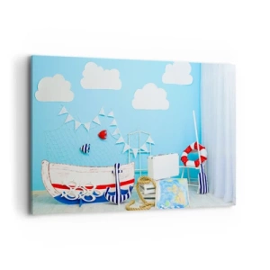 Impression sur toile - Image sur toile - Décoration nautique avec un bateau et des accessoires sur fond bleu - 120x80cm - Nostalgie infantile de l'aventure - Décoration murale moderne pour le salon et la chambre ARTTOR