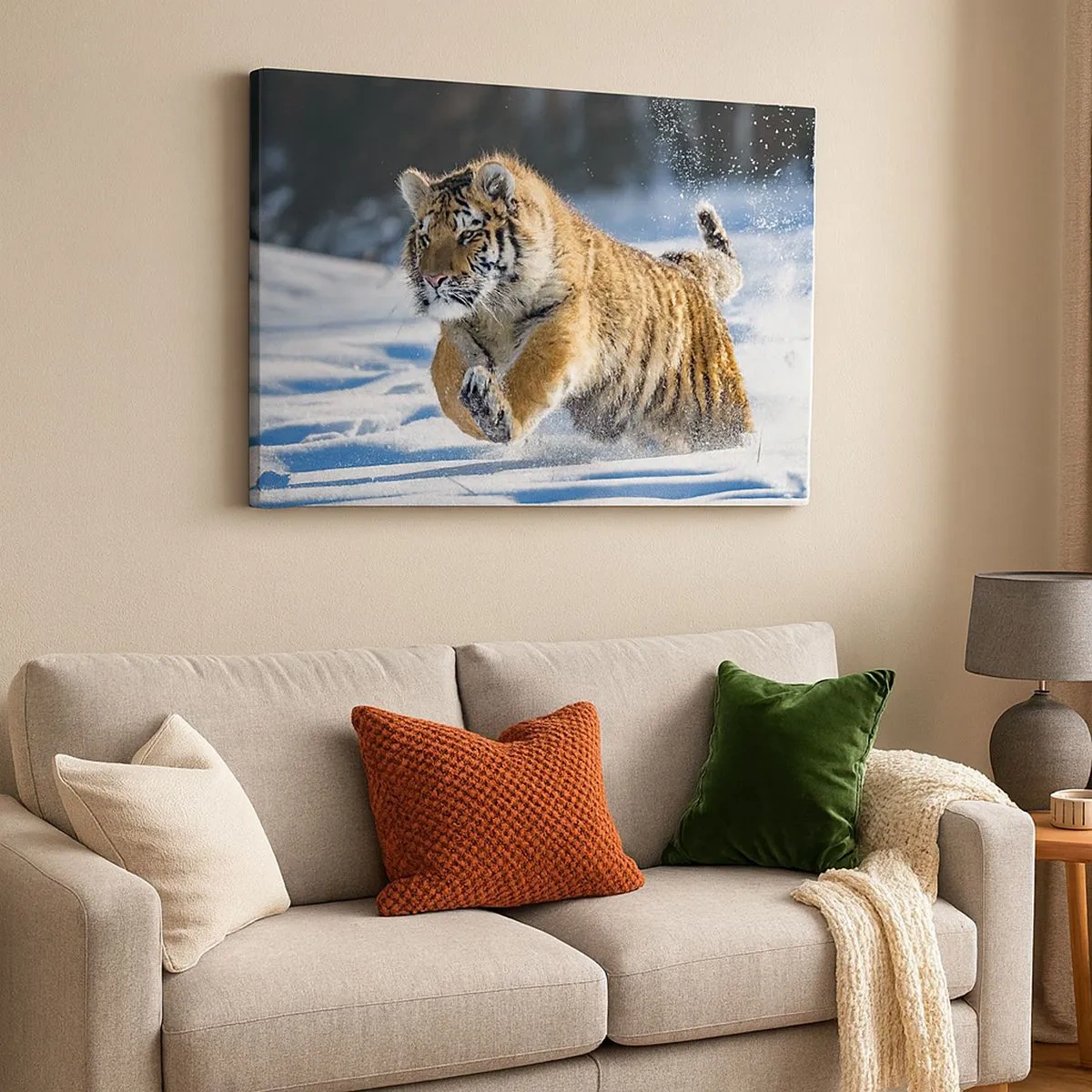Impression sur toile - Image sur toile - Un tigre de Sibérie courant dans un paysage enneigé - 70x50cm - Dieu de la taïga sibérienne - Décoration murale moderne pour le salon et la chambre ARTTOR