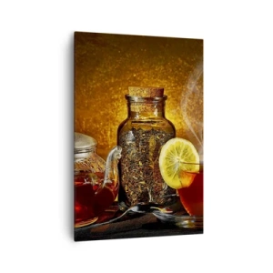 Impression sur toile - Image sur toile - Thé dans une carafe en verre avec du citron et du thé en vrac - 70x100cm - Dans le style des maîtres hollandais - Décoration murale moderne pour le salon et la chambre ARTTOR