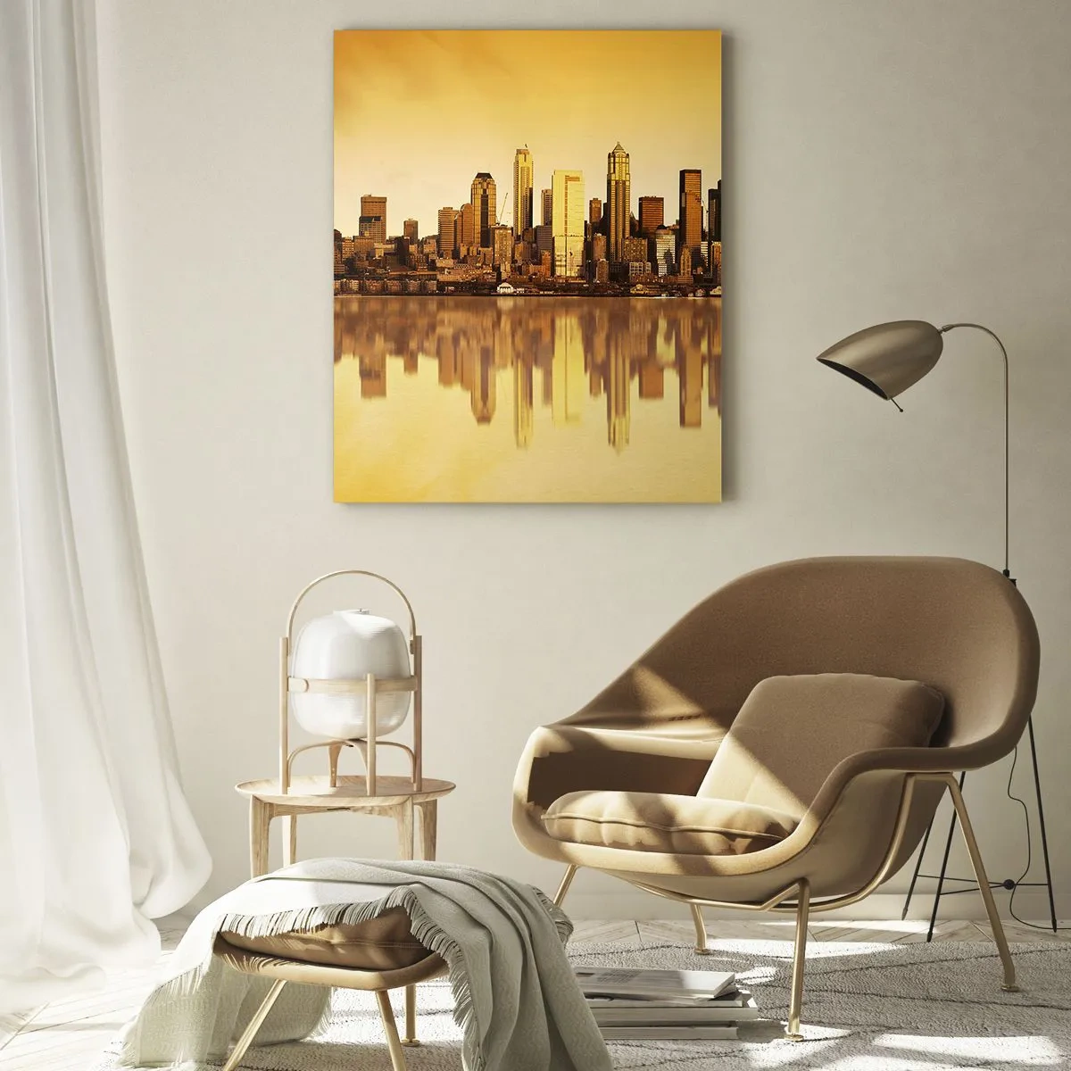 Impression sur verre - Image sur verre - Panorama de la ville reflété dans l'eau au coucher du soleil - 80x120cm - Le silence de la métropole - Décoration murale moderne pour le salon et la chambre ARTTOR