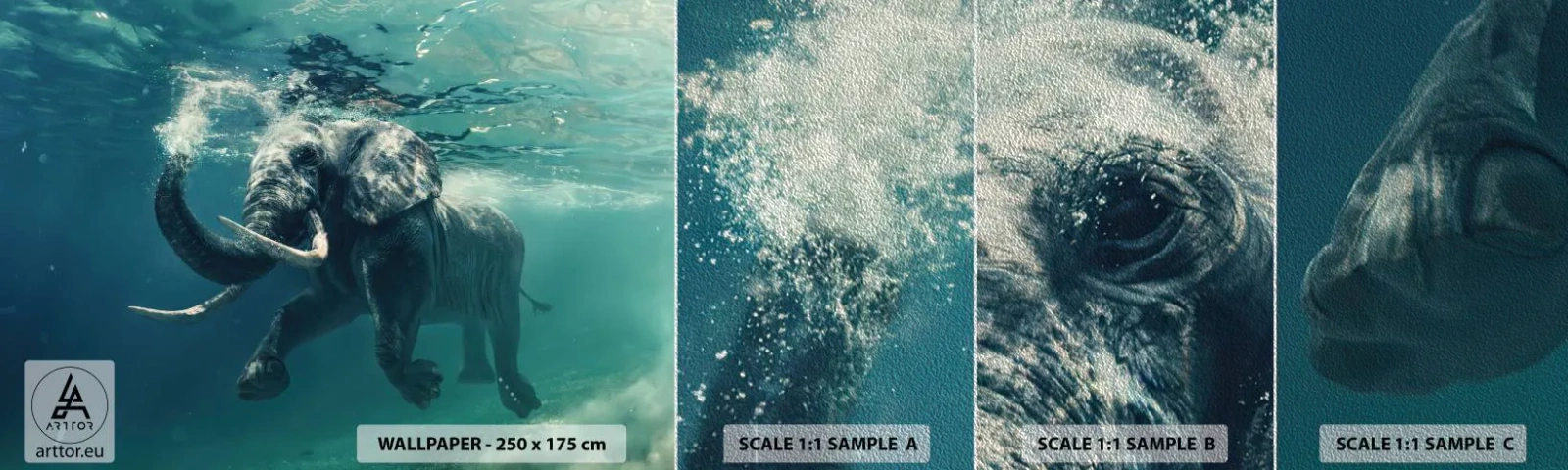 Échantillon de Papier Peint Premium Sand - Tout le monde aime nager - Abstraction, Éléphant, Morceau - 100x30 cm