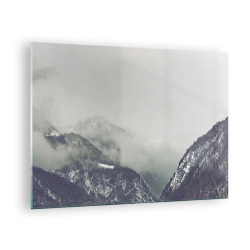 Impression sur verre - Image sur verre - Une vallée de montagne dans le brouillard aux nuances de gris - 70x50cm - Vallée brumeuse - Décoration murale moderne pour le salon et la chambre ARTTOR