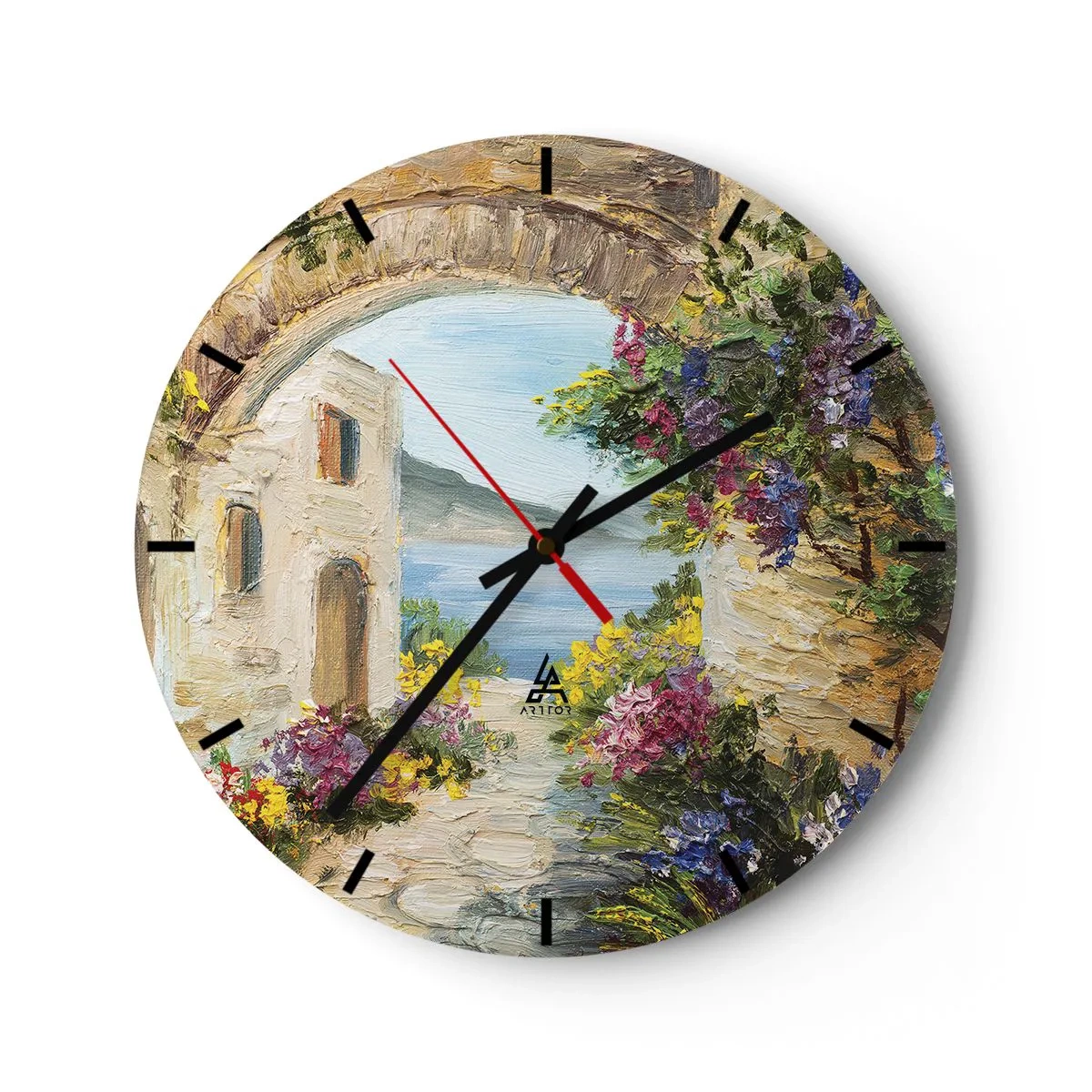 Horloge murale - Pendule murale - Une rue pleine d'ambiance avec des fleurs et une vue sur la mer - 30x30cm - Le charme d'une province côtière - Décoration murale moderne pour le salon, la cuisine et la chambre ARTTOR