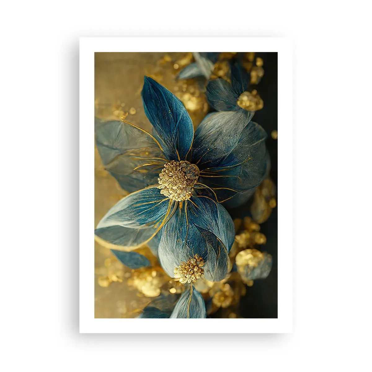 Affiche - Poster - Fleurs dorées et bleu marine dans une composition élégante - 50x70cm - Fleurir avec de l'or - Décoration murale moderne pour le salon et la chambre ARTTOR