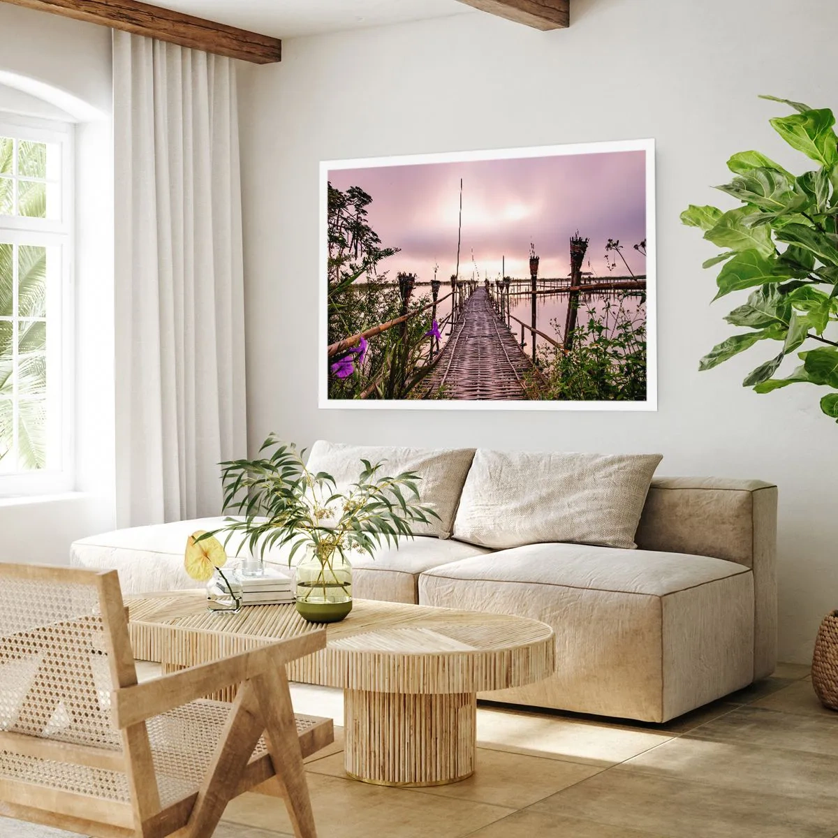 Affiche - Poster - Pont de bambou sur l'eau à l'aube - 100x70cm - Le silence et le calme d'Asie - Décoration murale moderne pour le salon et la chambre ARTTOR