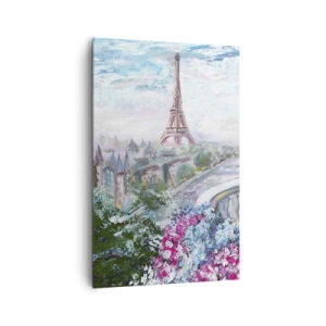 Impression sur toile - Image sur toile - Une vue romantique de Paris avec la Tour Eiffel et un balcon rempli de fleurs - 80x120cm - C'est le plus beau ici en mai - Décoration murale moderne pour le salon et la chambre ARTTOR