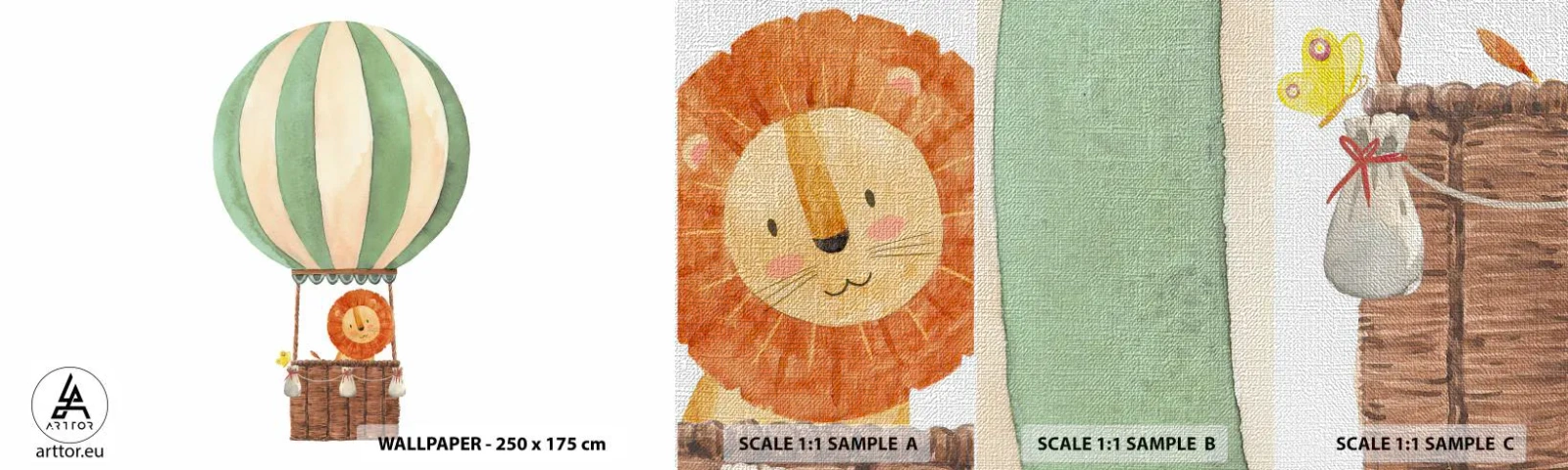 Échantillon de Papier Peint Premium Canvas - Les voyages de Léon - Ballon, Lion, Enfants - 100x30 cm