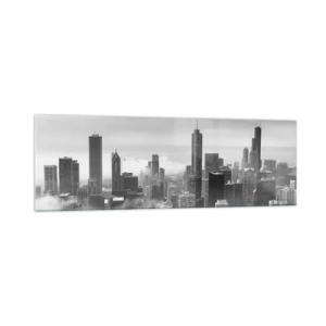 Impression sur verre - Image sur verre - Panorama de la ville avec des gratte-ciels dans les nuages en noir et blanc - 160x50cm - Paysage américain - Décoration murale moderne pour le salon et la chambre ARTTOR