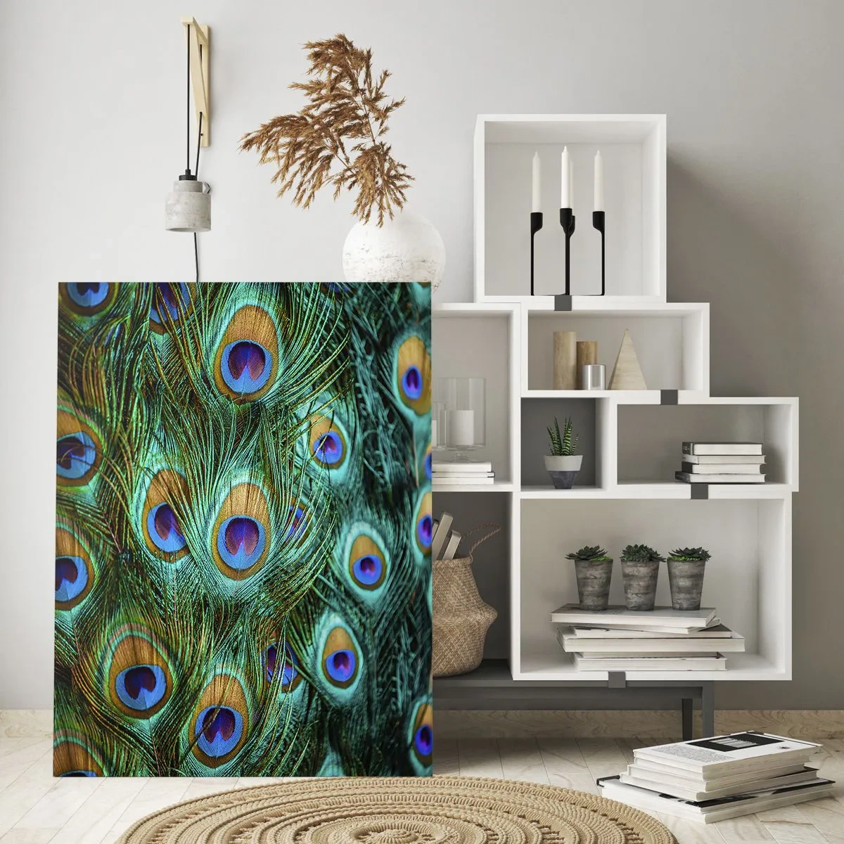 Impression sur verre - Image sur verre - Détail des plumes de paon avec des yeux distincts - 50x70cm - Un regard de paon - Décoration murale moderne pour le salon et la chambre ARTTOR