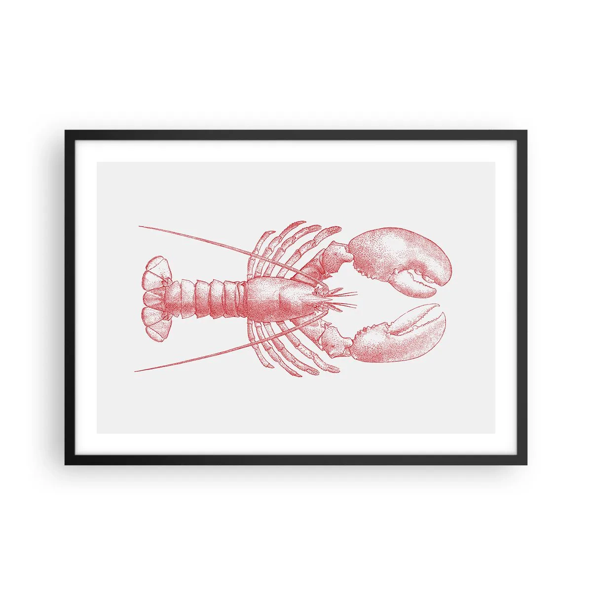Affiche dans un cadre noir - Poster - Dessin d'un homard dans une teinte rouge - 70x50cm - Un homard digne d'Homère - Décoration murale moderne pour le salon et la chambre ARTTOR