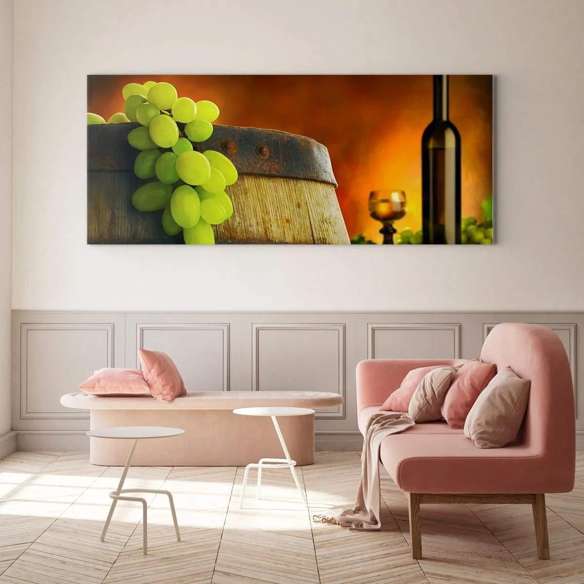 Impression sur verre - Image sur verre - Raisins sur un tonneau de vin avec une palette de couleurs chaudes en arrière-plan - 120x50cm - Nature morte avec une bouteille de vin et une grappe de raisin - Décoration murale moderne pour le salon et la chambre