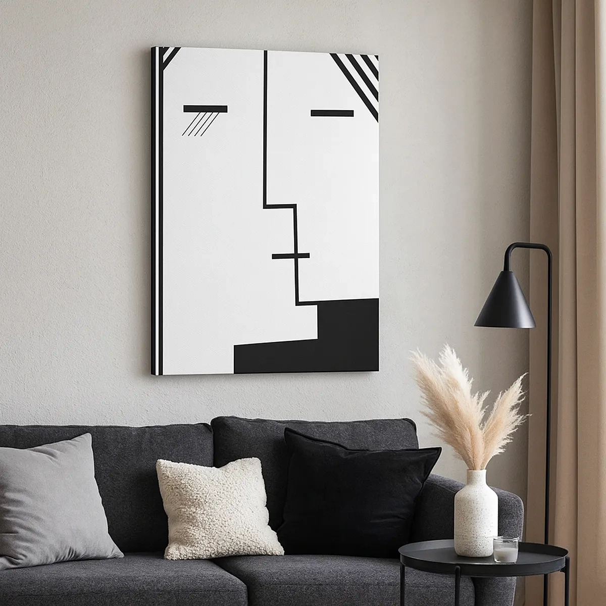 Impression sur toile - Image sur toile - Abstraction géométrique d'un baiser en noir et blanc - 50x70cm - Juste un baiser - Décoration murale moderne pour le salon et la chambre ARTTOR