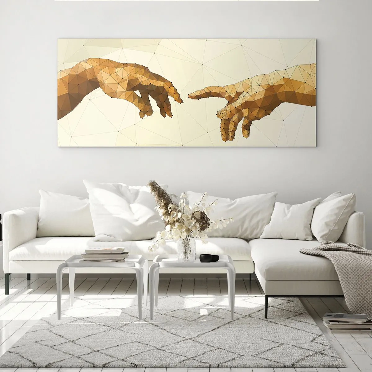 Impression sur verre - Image sur verre - Mains géométriques tendues l'une vers l'autre sur un fond clair - 160x50cm - Géométrie divine - Décoration murale moderne pour le salon et la chambre ARTTOR