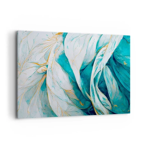 Impression sur toile - Image sur toile - Feuilles bleues abstraites avec des détails dorés - 100x70cm - Abstraction bleue avec un motif doré - Décoration murale moderne pour le salon et la chambre ARTTOR