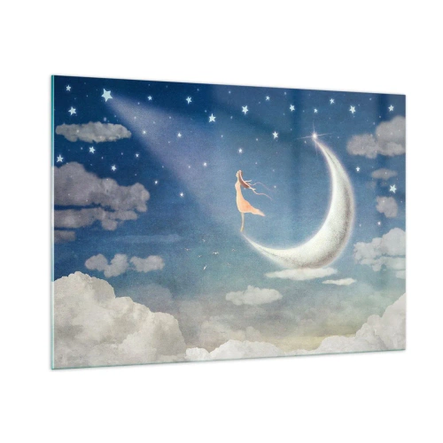 Impression sur verre - Image sur verre - Une femme dans une robe fluide debout sur la lune dans un ciel étoilé. - 100x70cm - Valise bleue - Décoration murale moderne pour le salon et la chambre ARTTOR