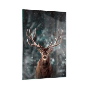 Impression sur verre - Image sur verre - Un cerf fier dans une forêt d'hiver au milieu de la neige qui tombe - 50x70cm - Roi de la forêt couronné - Décoration murale moderne pour le salon et la chambre ARTTOR
