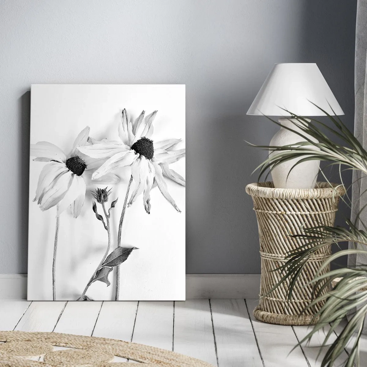 Impression sur toile - Image sur toile - Fleurs noires et blanches avec une composition subtile - 50x70cm - Personne ne souhaite être seul - Décoration murale moderne pour le salon et la chambre ARTTOR
