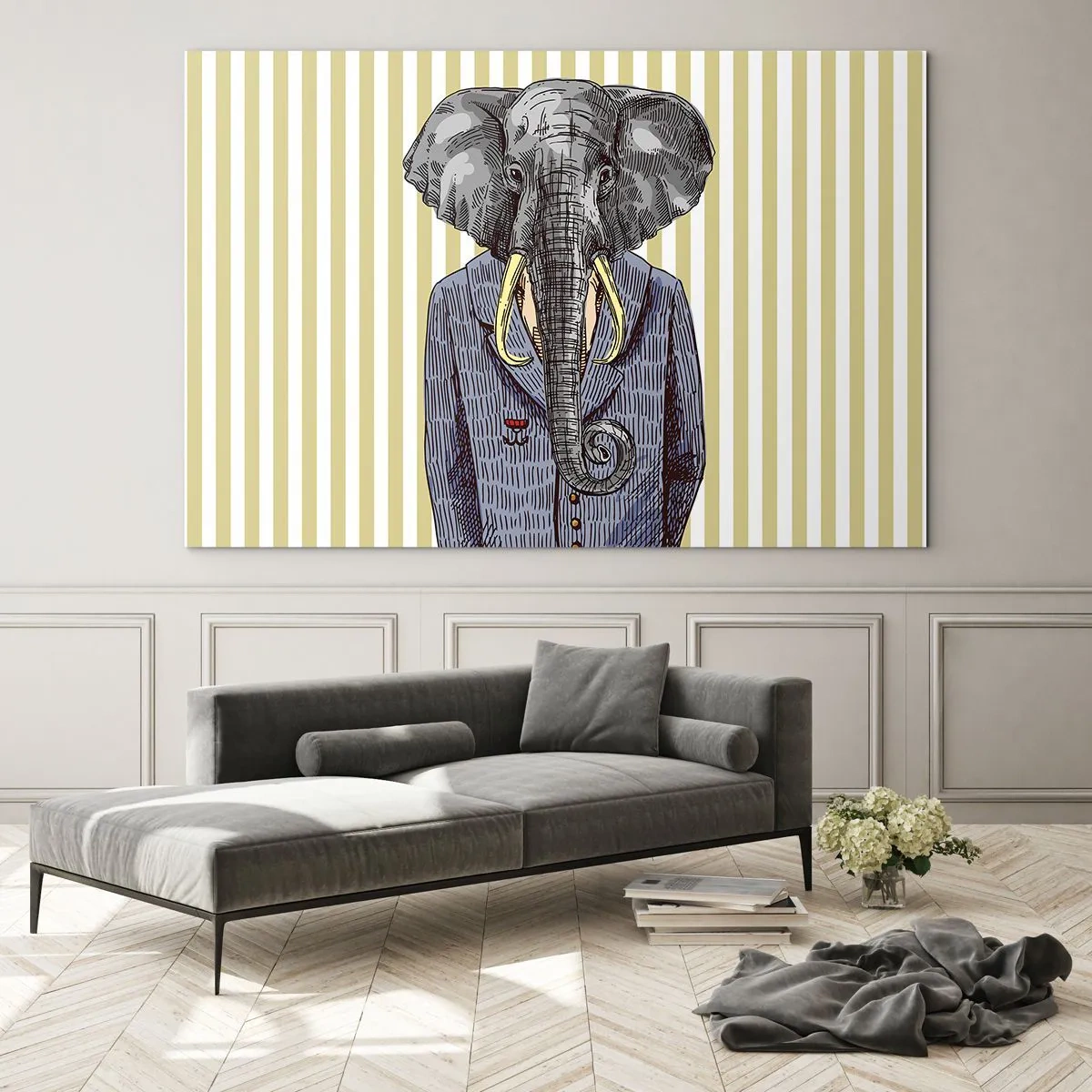 Impression sur verre - Image sur verre - Un éléphant en costume sur fond de rayures jaunes - 120x80cm - Élégant par nature - Décoration murale moderne pour le salon et la chambre ARTTOR