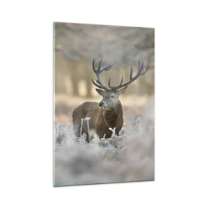 Impression sur verre - Image sur verre - Un cerf dans une clairière givrée dans une forêt hivernale aux couleurs subtiles - 80x120cm - Une matinée animée - Décoration murale moderne pour le salon et la chambre ARTTOR