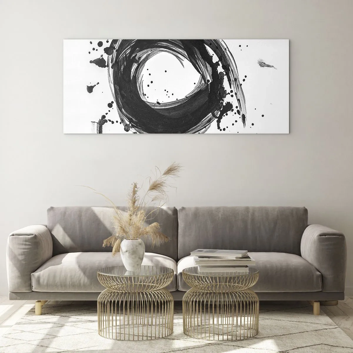 Impression sur verre - Image sur verre - Abstraction noire en forme de cercle sur fond blanc - 160x50cm - Le tourbillon de la création - Décoration murale moderne pour le salon et la chambre ARTTOR