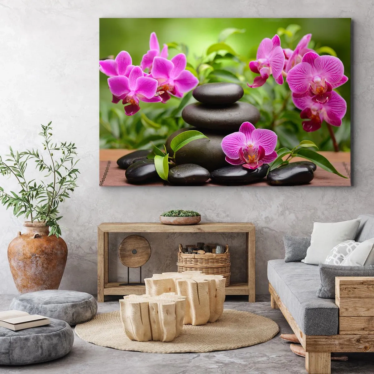 Impression sur toile - Image sur toile - Orchidées roses avec des pierres sur fond vert - 120x80cm - Pyramide de la Paix - Décoration murale moderne pour le salon et la chambre ARTTOR