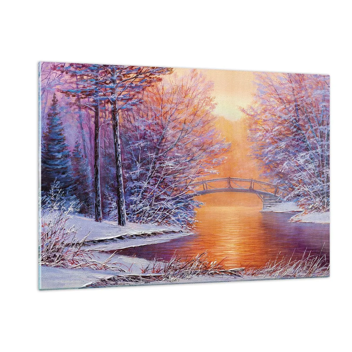 Impression sur verre - Image sur verre - Paysage d'hiver avec un pont et des arbres enneigés au coucher du soleil - 120x80cm - On se rencontre ici - Décoration murale moderne pour le salon et la chambre ARTTOR