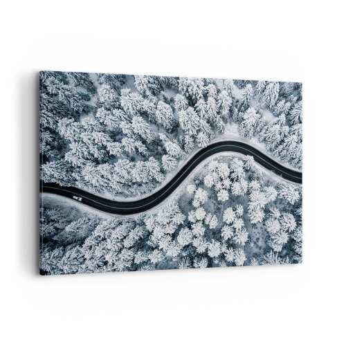 Impression sur toile - Image sur toile - Vue aérienne d'une route sinueuse dans une forêt hivernale - 120x80cm - À travers une forêt d'hiver - Décoration murale moderne pour le salon et la chambre ARTTOR