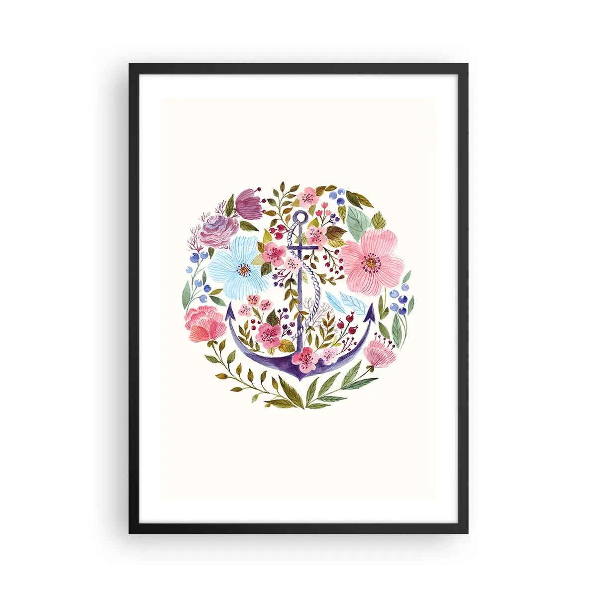 Affiche dans un cadre noir - Poster - Une ancre aquarelle entourée de fleurs sur un fond clair. - 50x70cm - Le beau rêve du marin - Décoration murale moderne pour le salon et la chambre ARTTOR