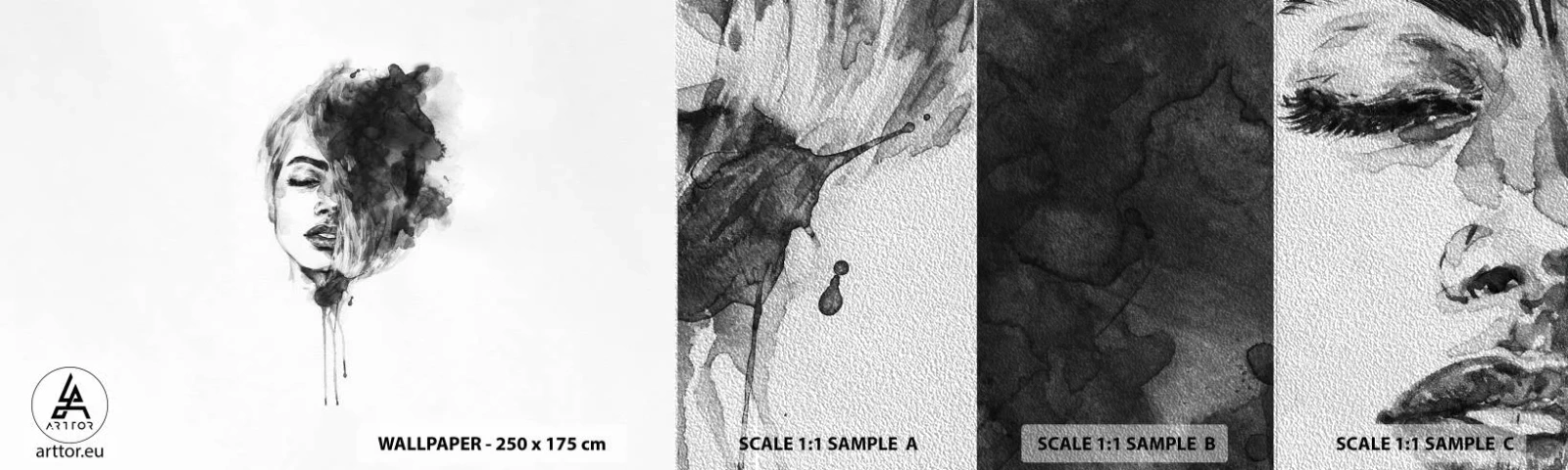 Échantillon de Papier Peint Premium Sand - De quoi rêve la fille - Portrait d'une femme, Visage de femme, Abstraction - 100x30 cm