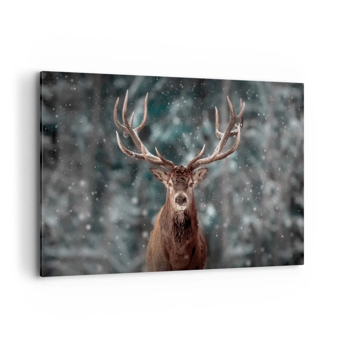 Impression sur toile - Image sur toile - Cerf dans une forêt d'hiver avec de la neige qui tombe - 120x80cm - Roi de la forêt couronné - Décoration murale moderne pour le salon et la chambre ARTTOR