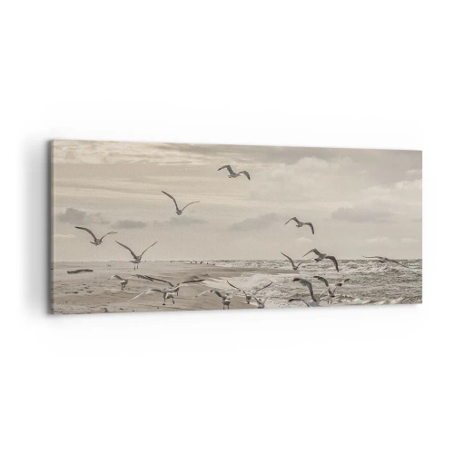 Impression sur toile - Image sur toile - Une mouette en vol au-dessus d'un paysage balnéaire - 120x50cm - Le bruit de la mer, le chant des oiseaux - Décoration murale moderne pour le salon et la chambre ARTTOR