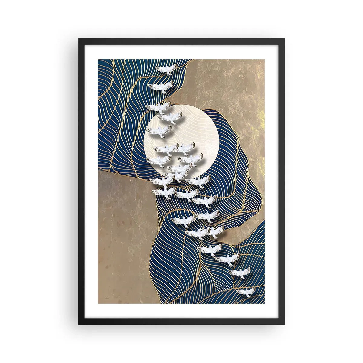 Affiche dans un cadre noir - Poster - Composition abstraite avec des oiseaux et la lune dans des tons dorés - 50x70cm - Liberté, errance, communauté - Décoration murale moderne pour le salon et la chambre ARTTOR