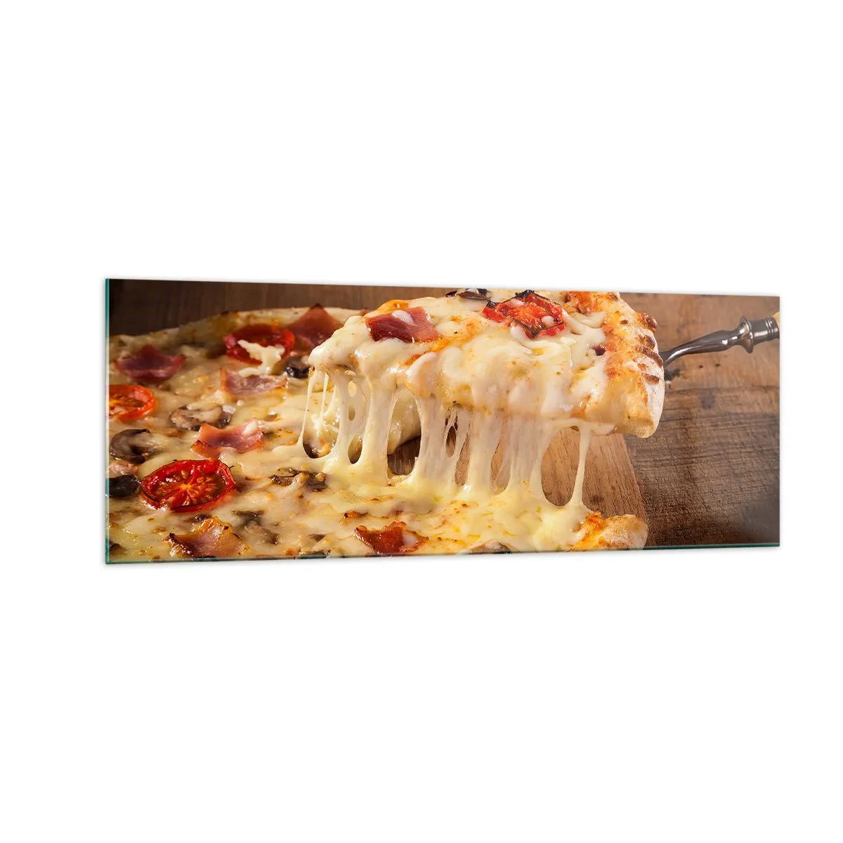 Impression sur verre - Image sur verre - Pizza au fromage filandreux - 140x50cm - Un chef-d'œuvre de l'art italien - Décoration murale moderne pour le salon et la chambre ARTTOR