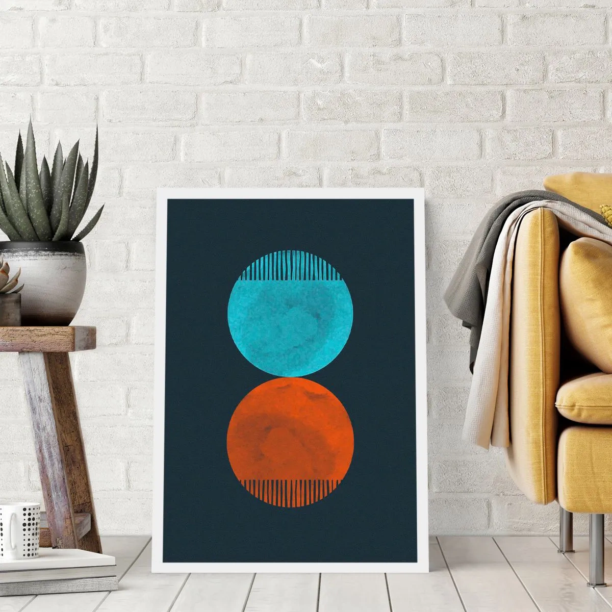 Affiche - Poster - Deux cercles – bleu et orange sur fond bleu marine - 50x70cm - Seulement la géométrie ? - Décoration murale moderne pour le salon et la chambre ARTTOR