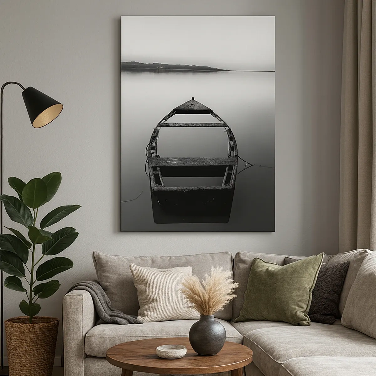 Impression sur toile - Image sur toile - Un bateau solitaire sur un lac calme dans des tons de noir et blanc - 50x70cm - Nostalgie et mélancolie - Décoration murale moderne pour le salon et la chambre ARTTOR