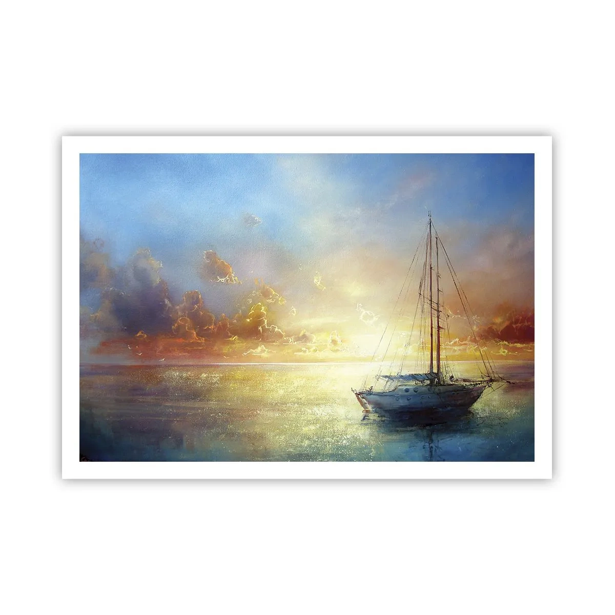 Affiche - Poster - Un yacht sur une mer calme au coucher du soleil - 100x70cm - Dans une baie dorée - Décoration murale moderne pour le salon et la chambre ARTTOR