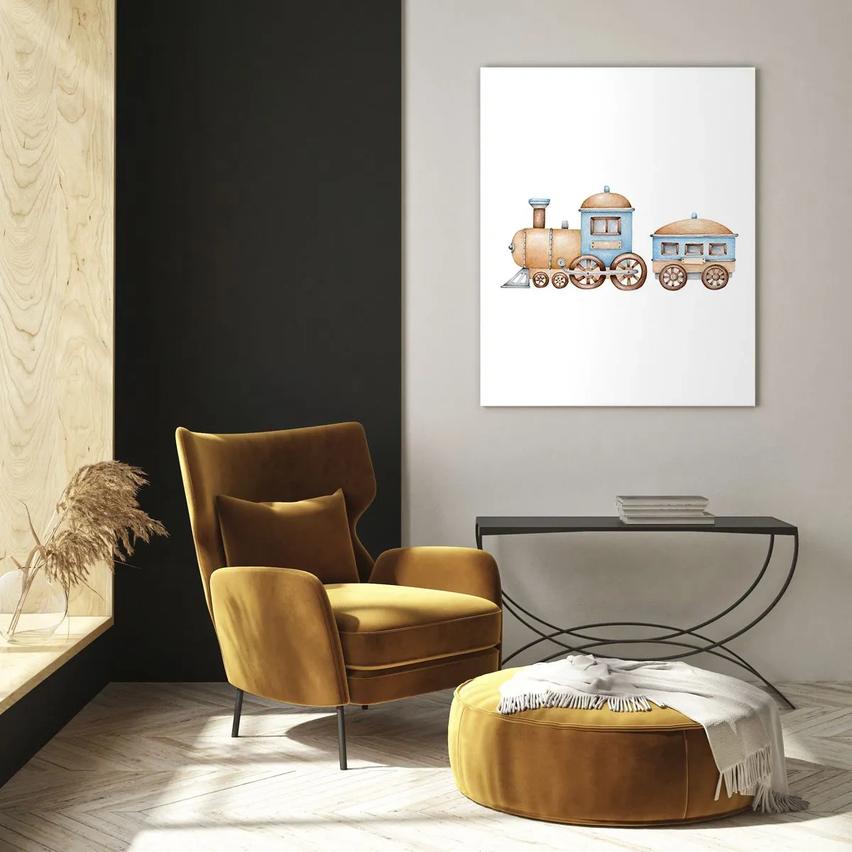 Impression sur verre - Image sur verre - Illustration d'un train à vapeur dans les tons bleu et beige sur fond blanc - 50x70cm - Il est à la gare... - Décoration murale moderne pour le salon et la chambre ARTTOR