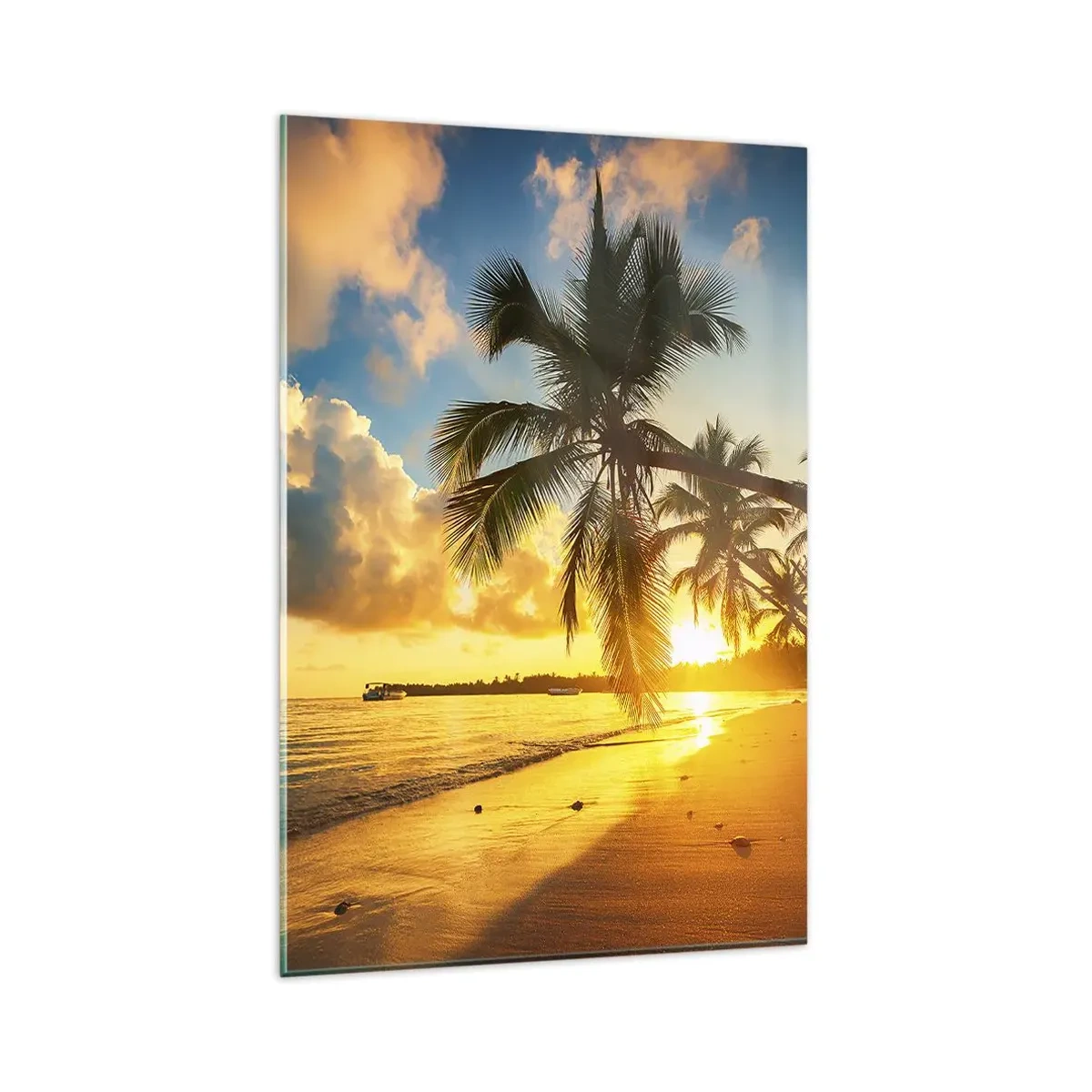 Impression sur verre - Image sur verre - Plage au coucher du soleil avec des palmiers au bord de la mer - 80x120cm - Rêve caribéen - Décoration murale moderne pour le salon et la chambre ARTTOR