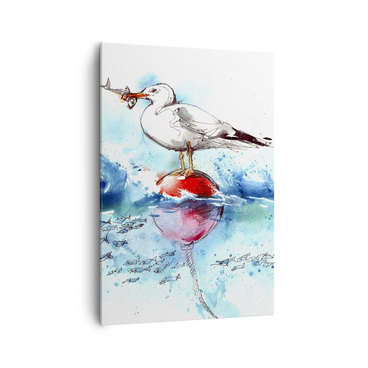 Impression sur toile - Image sur toile - Mouette sur une bouée avec des poissons en arrière-plan dans un style aquarelle - 70x100cm - Prise réussie - Décoration murale moderne pour le salon et la chambre ARTTOR