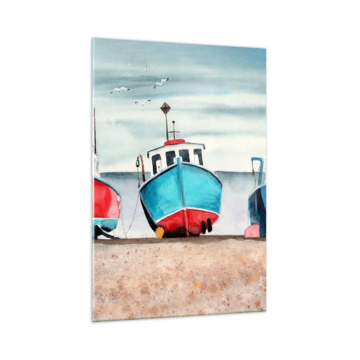 Impression sur verre - Image sur verre - Bateaux de pêche colorés sur le rivage dans un paysage marin - 70x100cm - Prêt pour la pêche - Décoration murale moderne pour le salon et la chambre ARTTOR