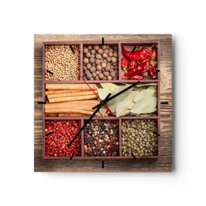 Horloge murale - Pendule murale - Boîte en bois avec diverses épices dans des compartiments - 30x30cm - Ordre des formes, bouquet d'arômes - Décoration murale moderne pour le salon et la chambre ARTTOR