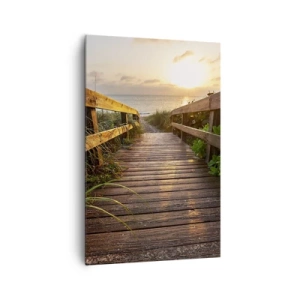 Impression sur toile - Image sur toile - Jetée en bois menant à la plage au coucher du soleil - 80x120cm - Tout droit vers le rivage - Décoration murale moderne pour le salon et la chambre ARTTOR